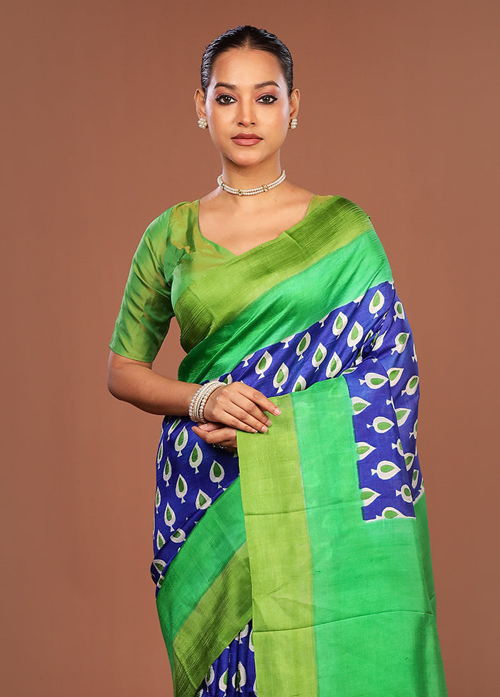 Blue Printed Pure Silk Saree Without Blouse Piece