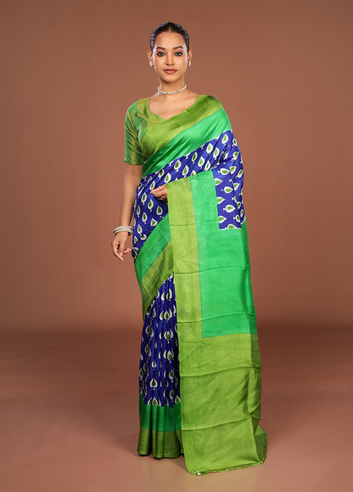 Blue Printed Pure Silk Saree Without Blouse Piece