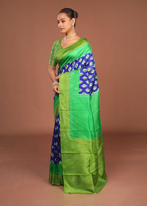 Blue Printed Pure Silk Saree Without Blouse Piece