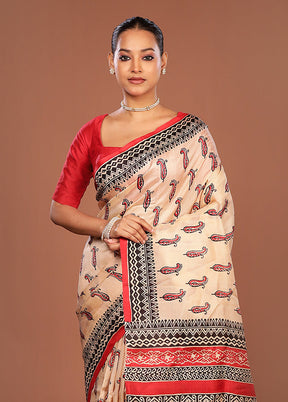 Cream Printed Pure Silk Saree Without Blouse Piece