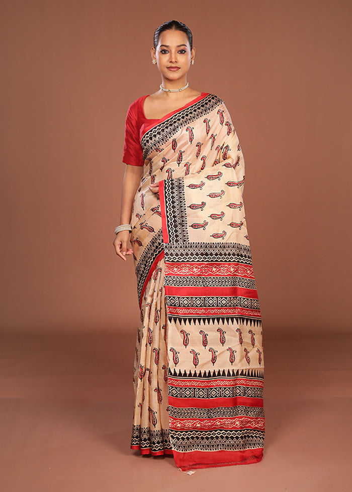 Cream Printed Pure Silk Saree Without Blouse Piece