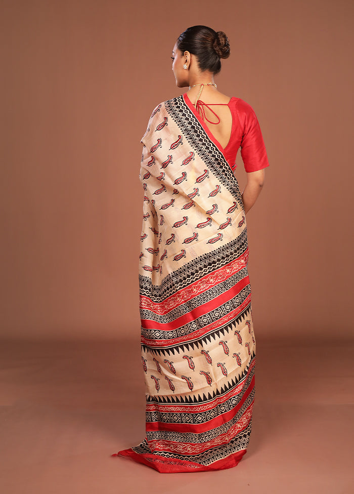 Cream Printed Pure Silk Saree Without Blouse Piece