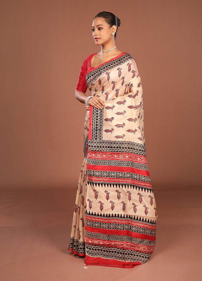Cream Printed Pure Silk Saree Without Blouse Piece