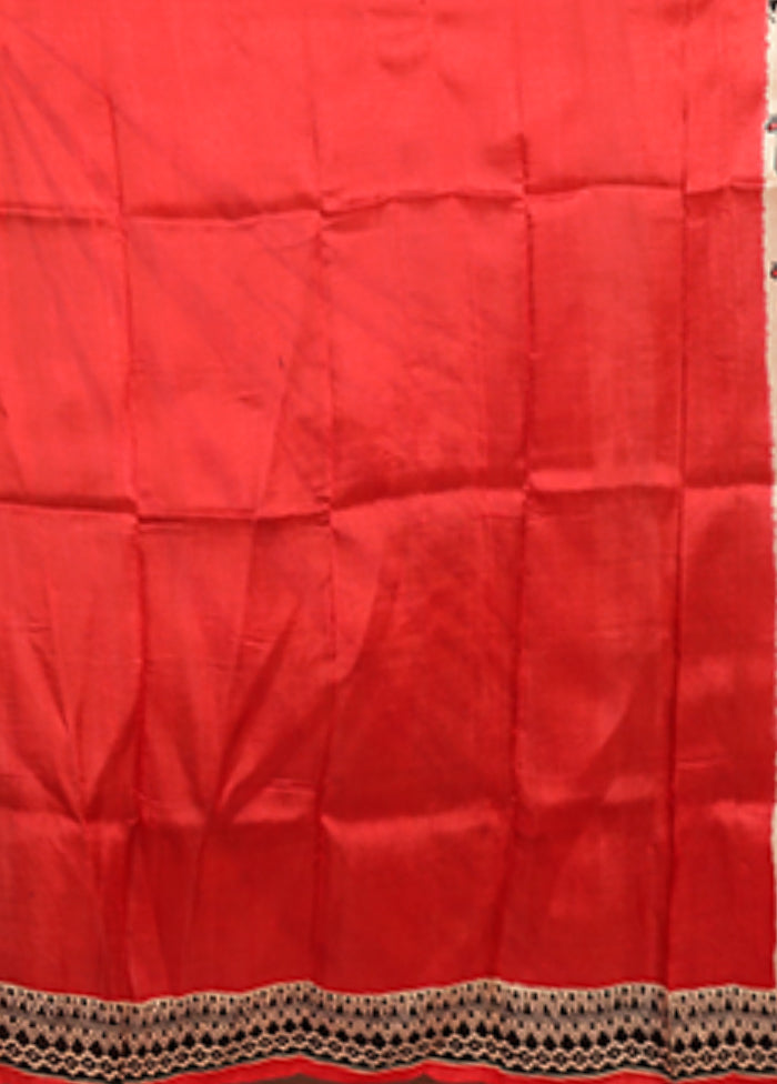 Cream Printed Pure Silk Saree Without Blouse Piece