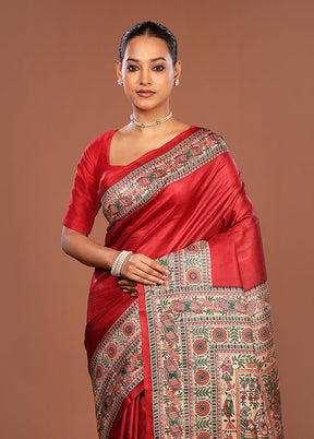 Red Printed Pure Silk Saree Without Blouse Piece