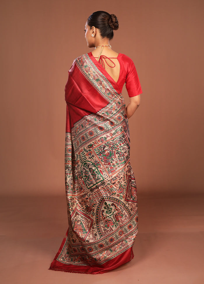Red Printed Pure Silk Saree Without Blouse Piece