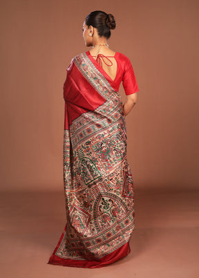 Red Printed Pure Silk Saree Without Blouse Piece