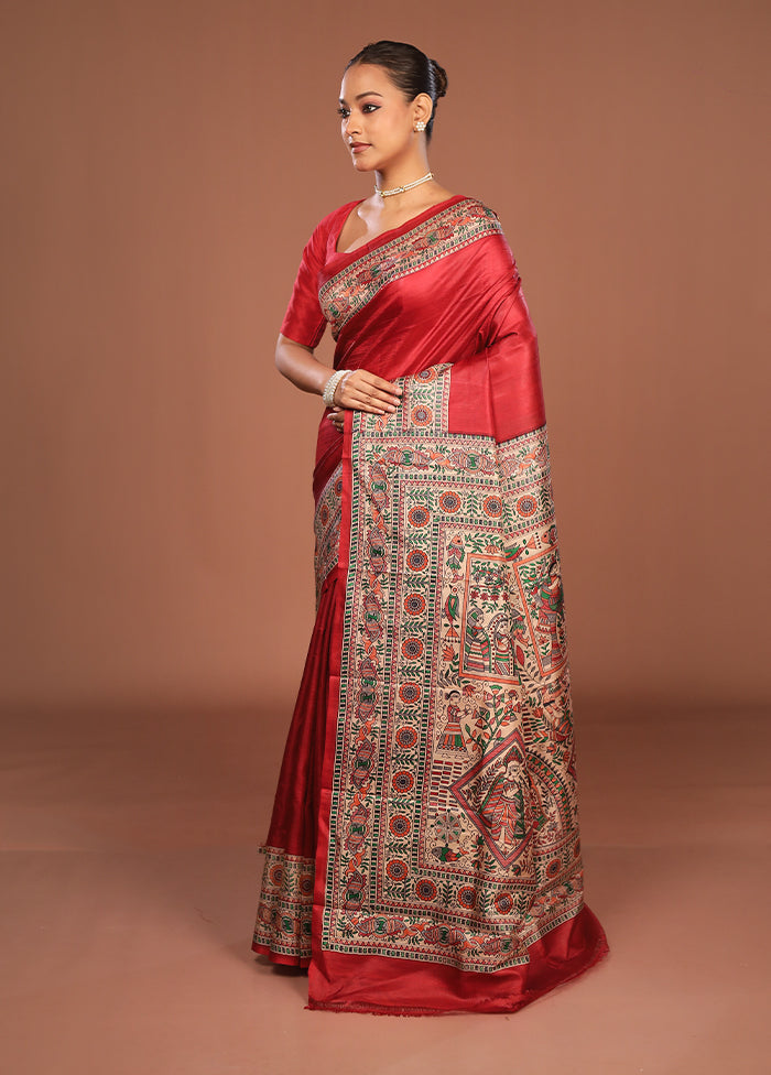 Red Printed Pure Silk Saree Without Blouse Piece