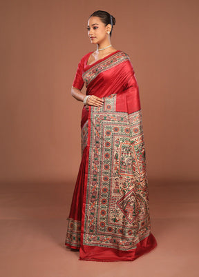 Red Printed Pure Silk Saree Without Blouse Piece