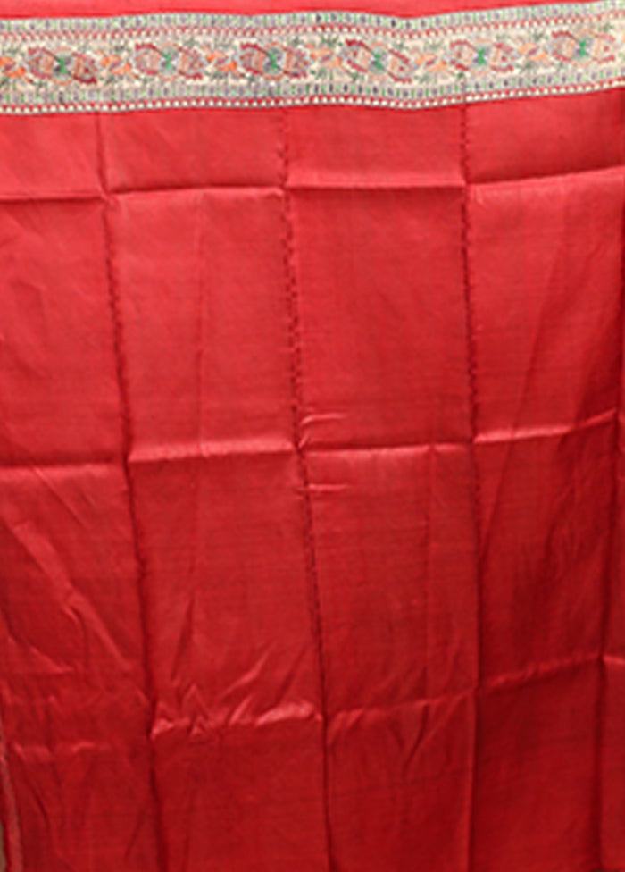 Red Printed Pure Silk Saree Without Blouse Piece