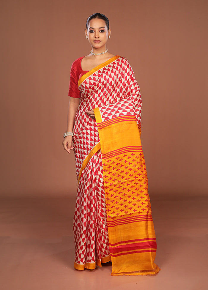 Red Printed Pure Silk Saree Without Blouse Piece