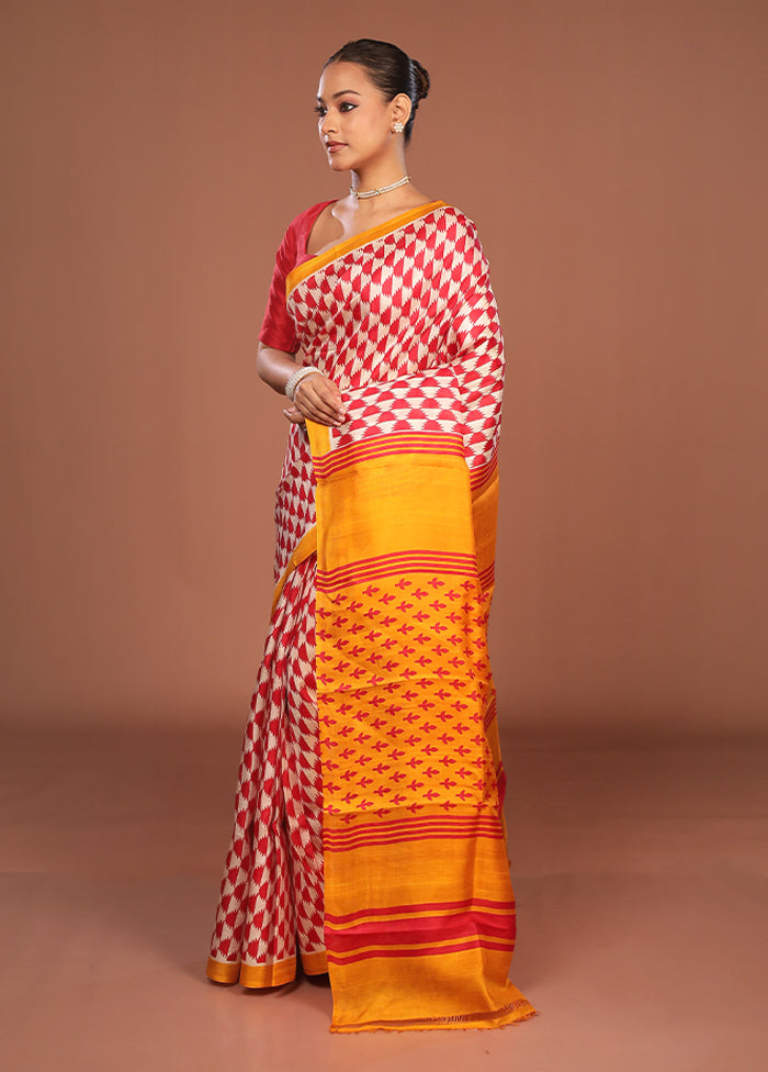 Red Printed Pure Silk Saree Without Blouse Piece