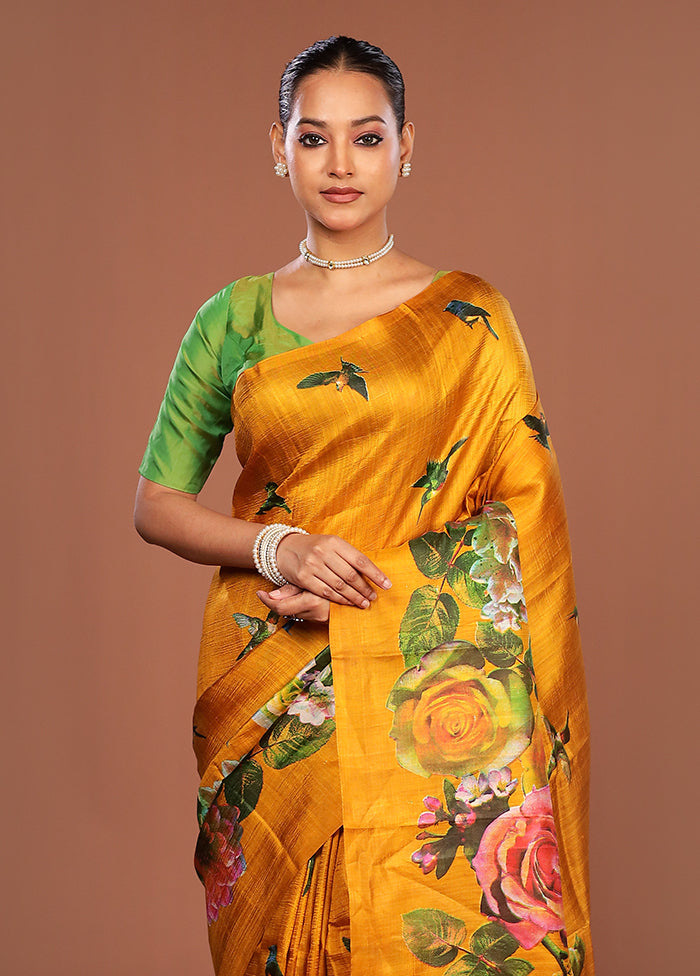Green Printed Pure Silk Saree Without Blouse Piece