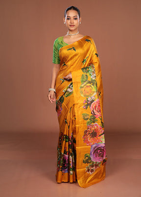 Green Printed Pure Silk Saree Without Blouse Piece