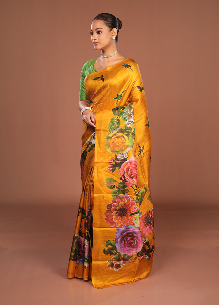 Green Printed Pure Silk Saree Without Blouse Piece