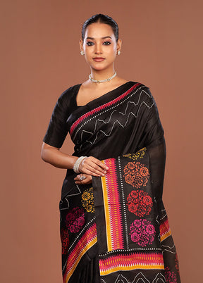 Black Printed Pure Silk Saree Without Blouse Piece