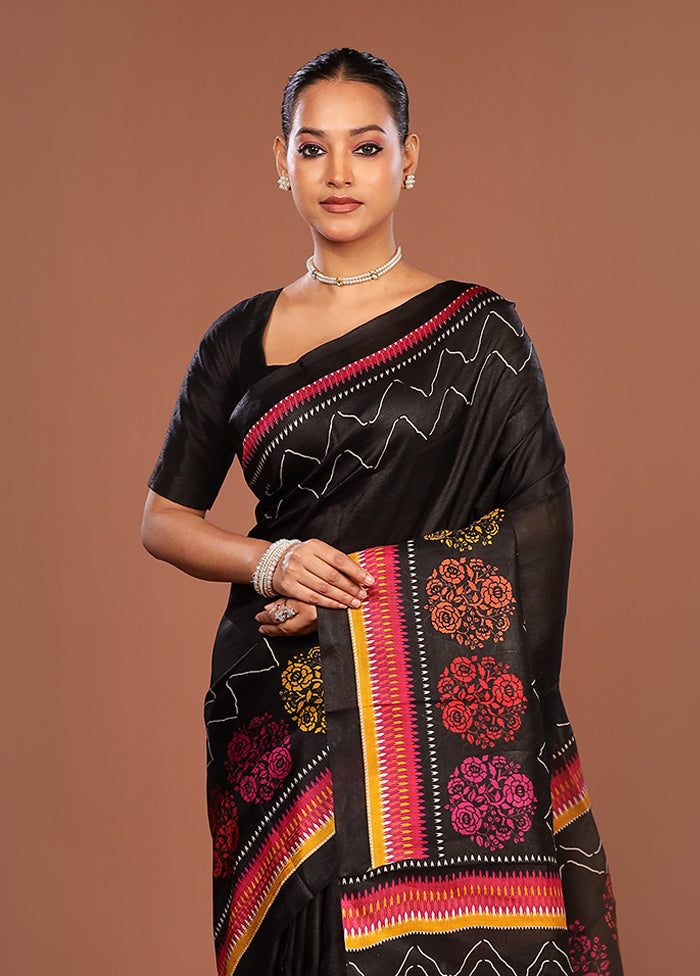 Black Printed Pure Silk Saree Without Blouse Piece