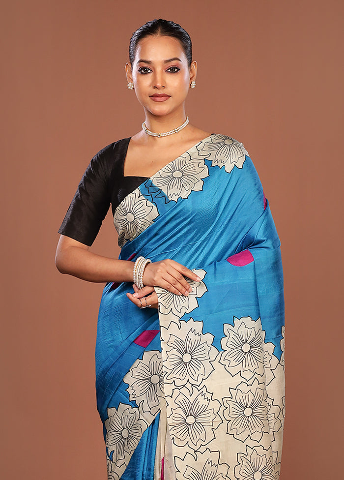 Blue Printed Pure Silk Saree Without Blouse Piece