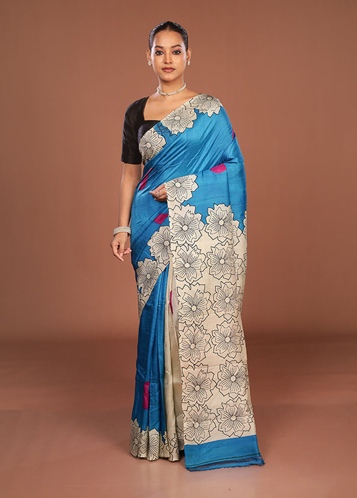Blue Printed Pure Silk Saree Without Blouse Piece