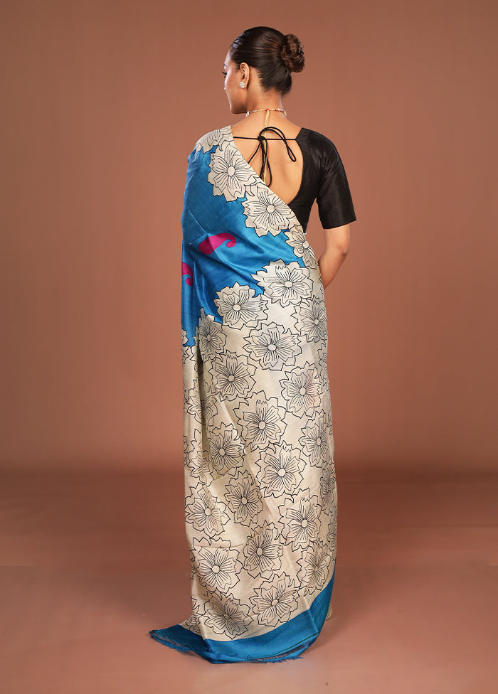 Blue Printed Pure Silk Saree Without Blouse Piece