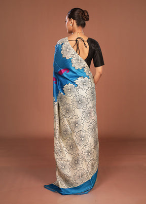 Blue Printed Pure Silk Saree Without Blouse Piece