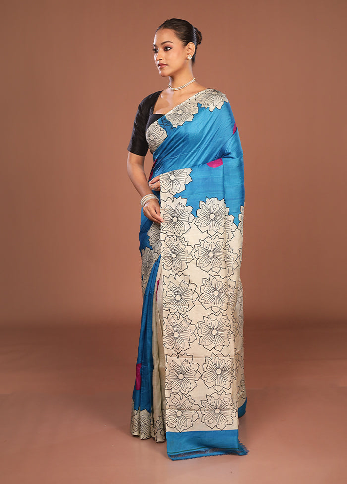 Blue Printed Pure Silk Saree Without Blouse Piece