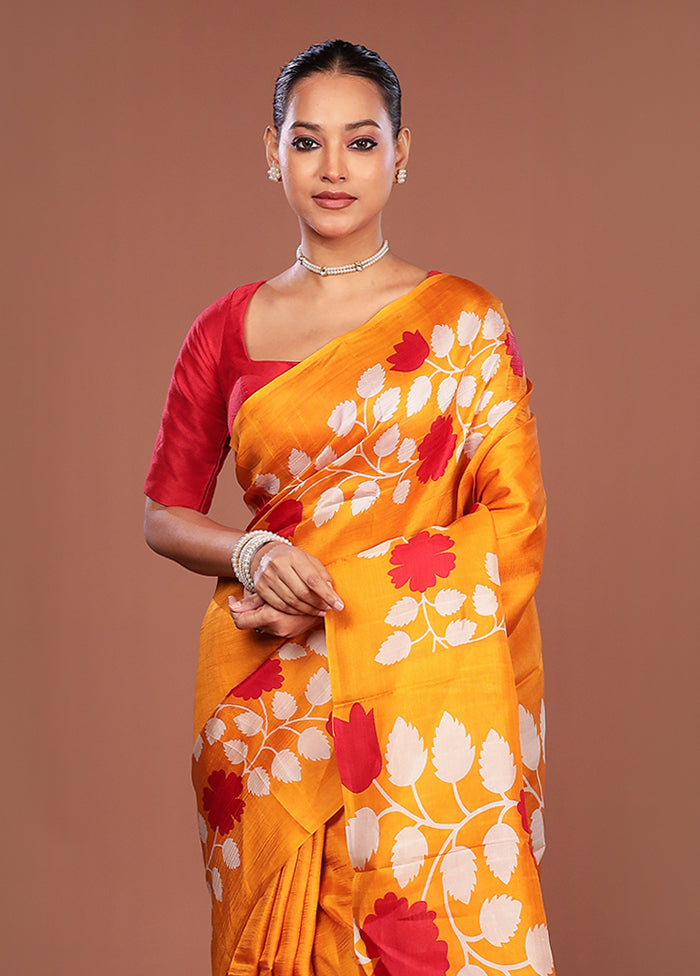 Yellow Printed Pure Silk Saree Without Blouse Piece