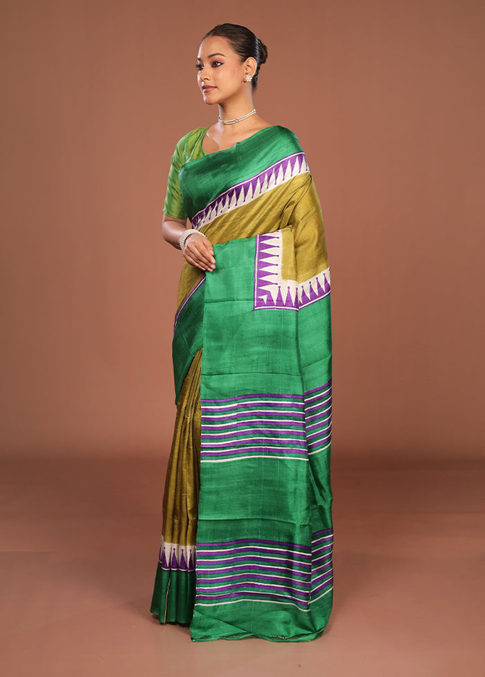 Green Printed Pure Silk Saree Without Blouse Piece