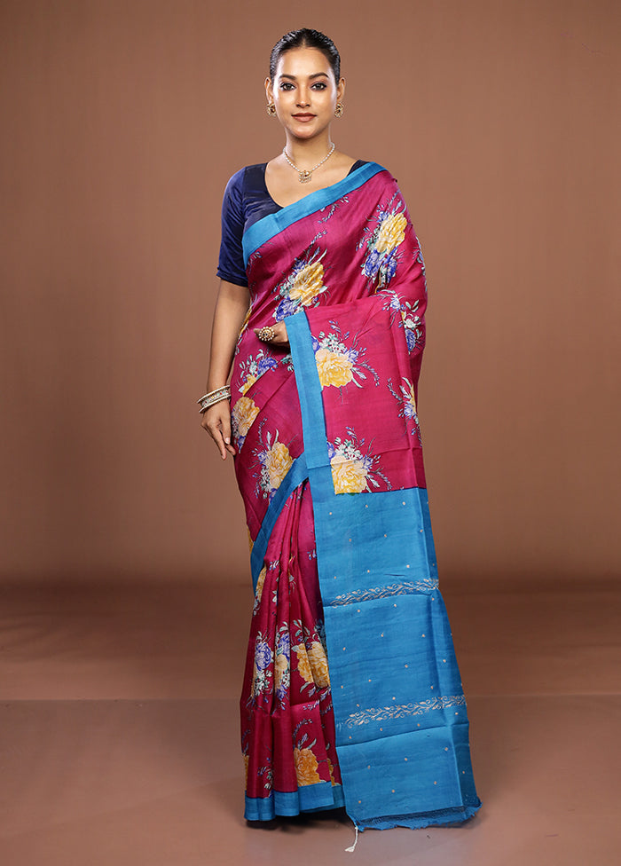 Pink Handloom Tussar Pure Silk Saree With Blouse Piece