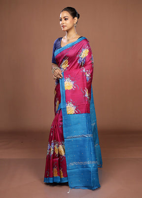 Pink Handloom Tussar Pure Silk Saree With Blouse Piece