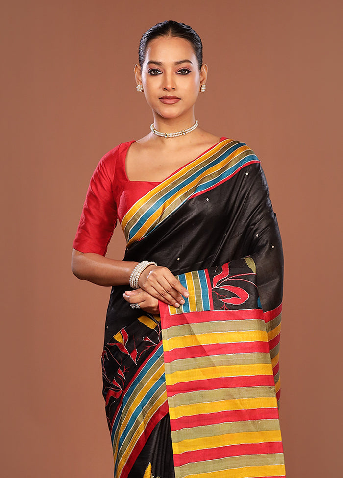 Black Handloom Tussar Pure Silk Saree With Blouse Piece