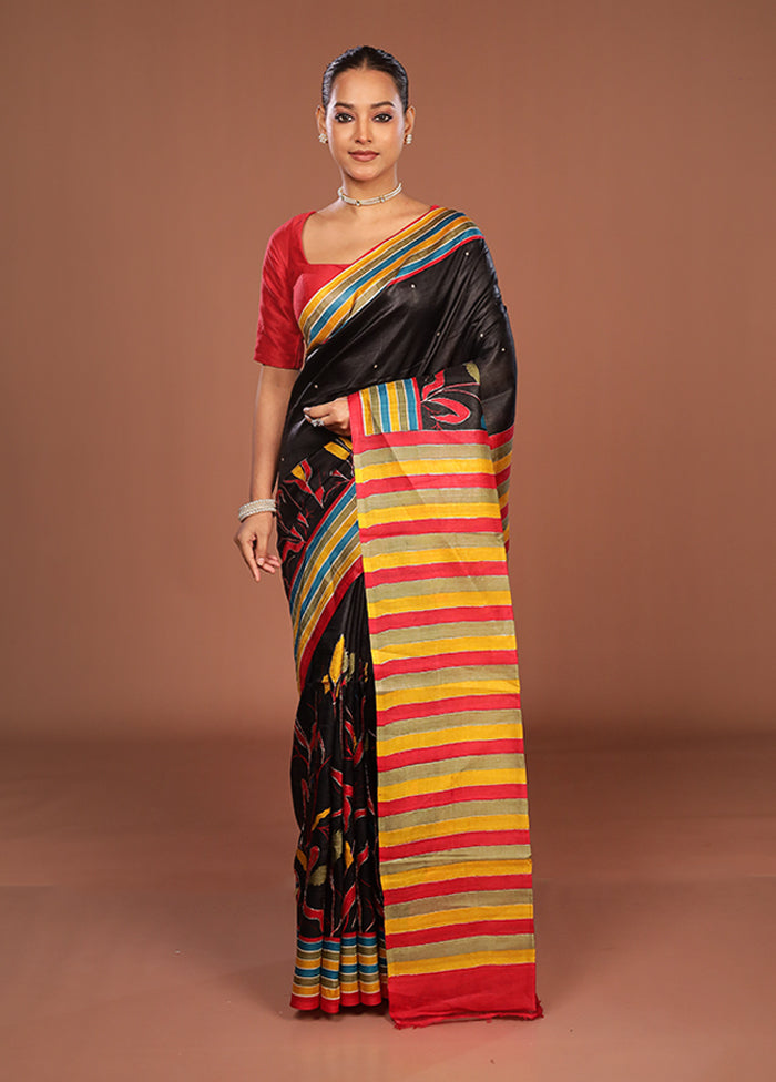 Black Handloom Tussar Pure Silk Saree With Blouse Piece