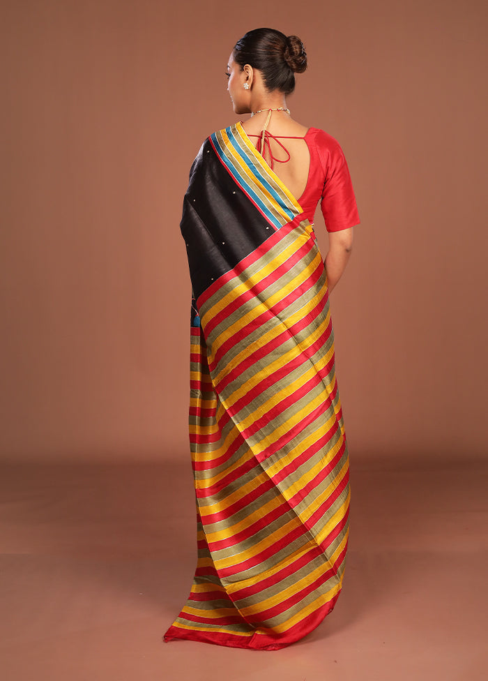Black Handloom Tussar Pure Silk Saree With Blouse Piece