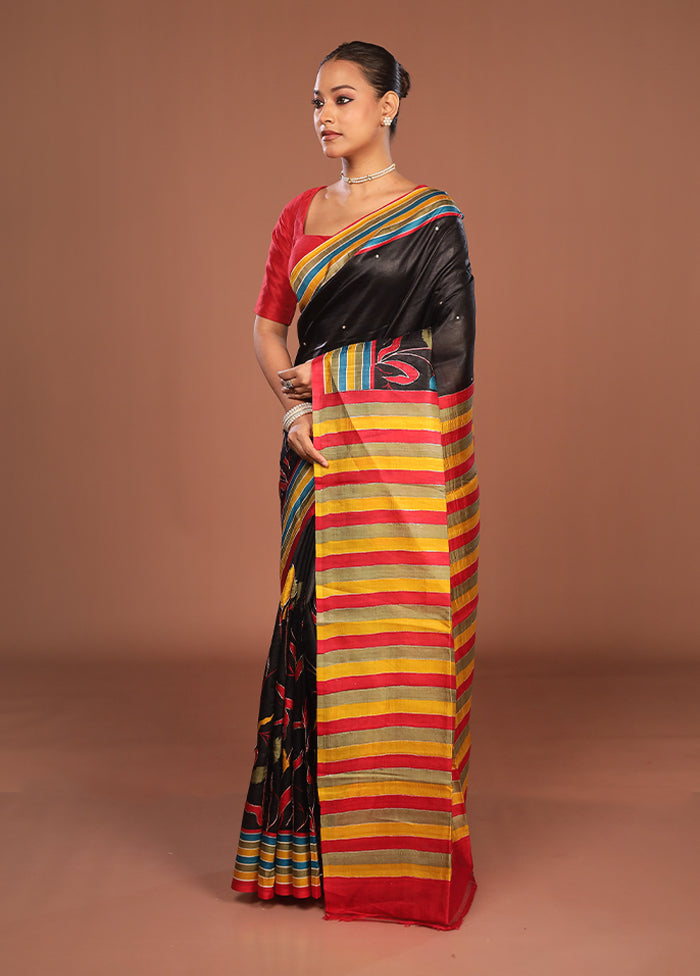 Black Handloom Tussar Pure Silk Saree With Blouse Piece