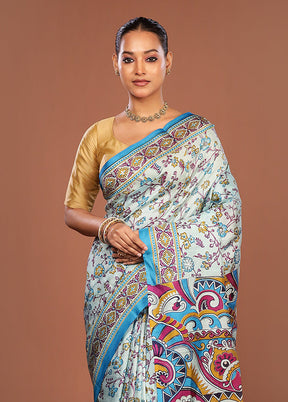 Blue Handloom Tussar Pure Silk Saree With Blouse Piece