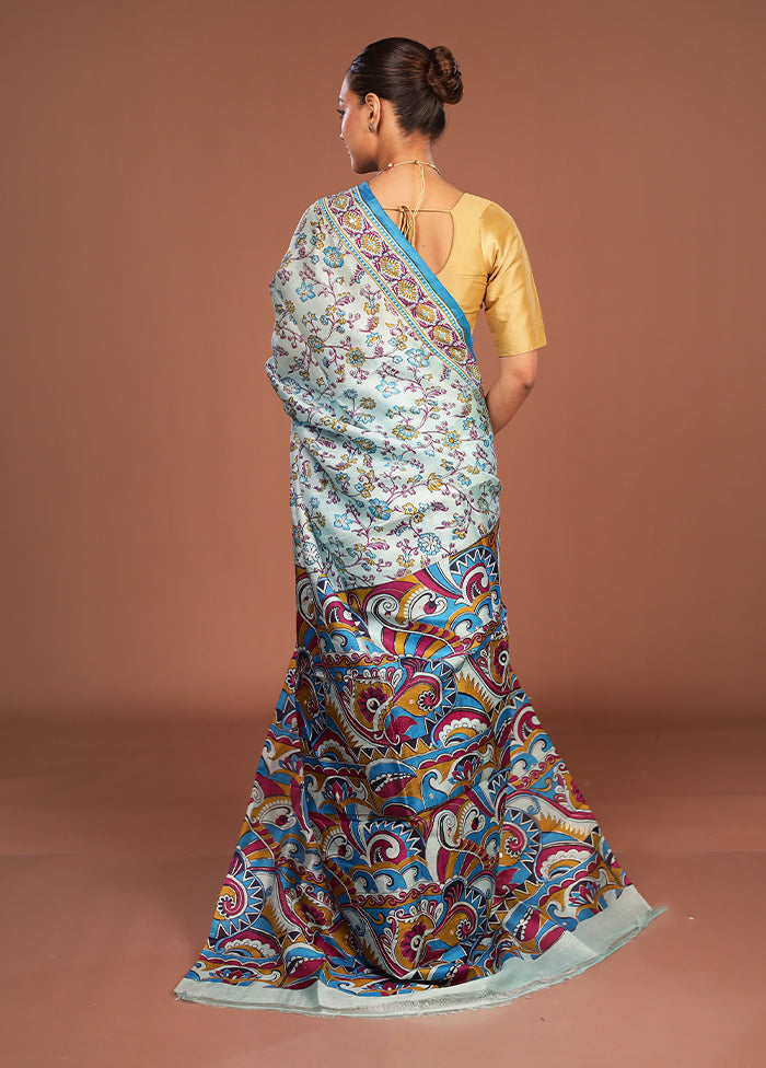 Blue Handloom Tussar Pure Silk Saree With Blouse Piece