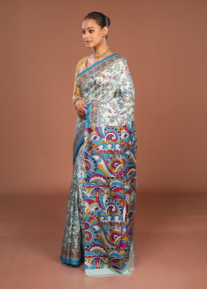 Blue Handloom Tussar Pure Silk Saree With Blouse Piece