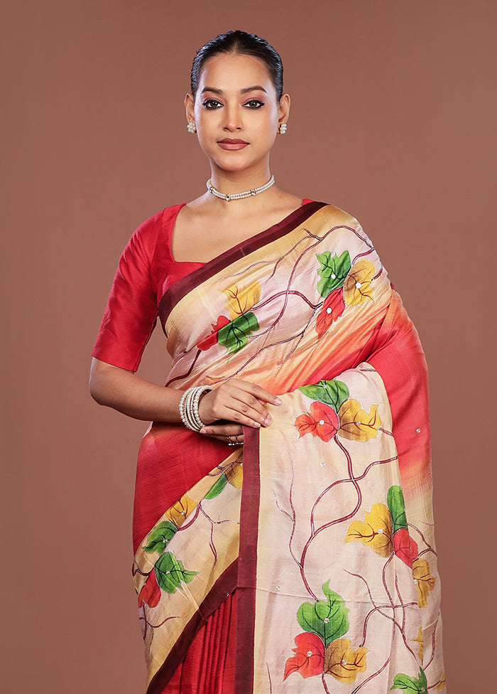 Red Handloom Tussar Pure Silk Saree With Blouse Piece