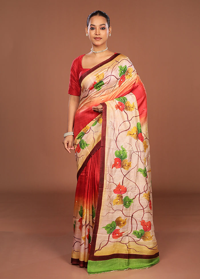 Red Handloom Tussar Pure Silk Saree With Blouse Piece