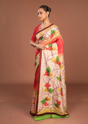 Red Handloom Tussar Pure Silk Saree With Blouse Piece