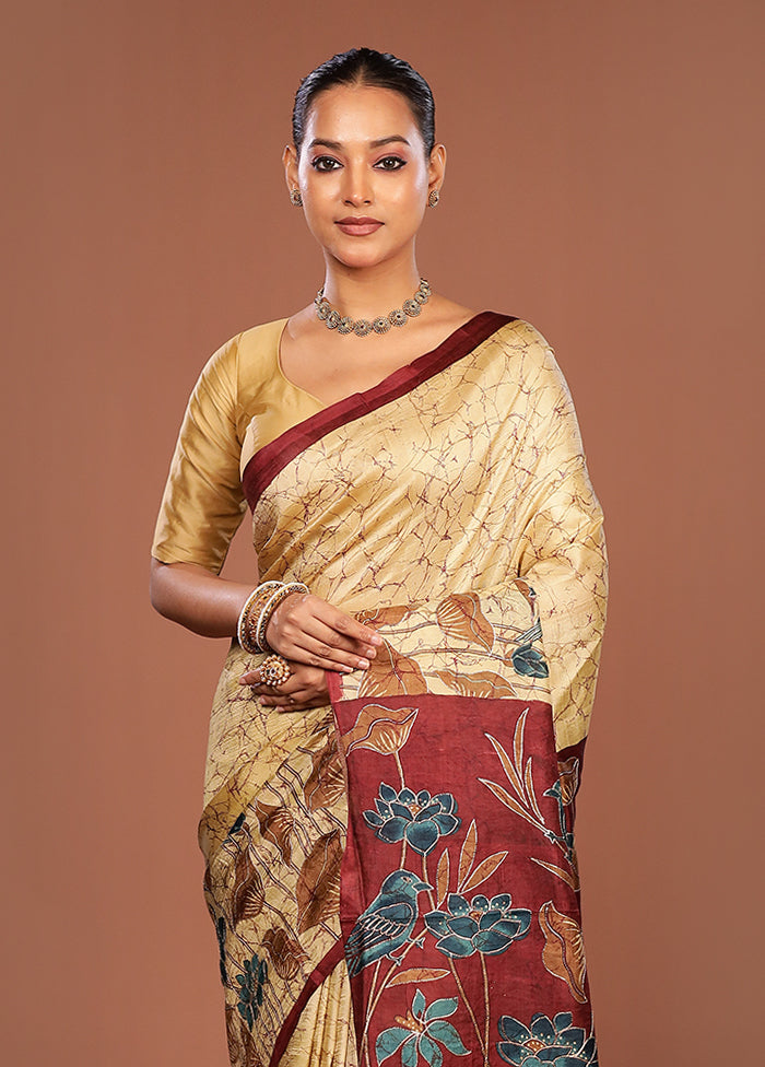 Maroon Handloom Tussar Pure Silk Saree With Blouse Piece