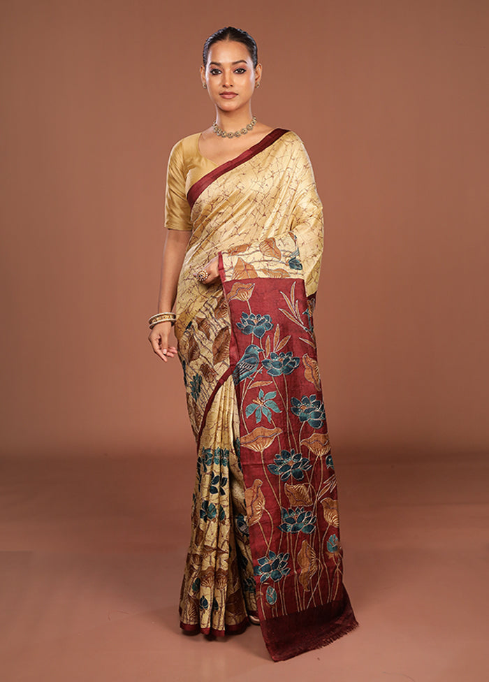 Maroon Handloom Tussar Pure Silk Saree With Blouse Piece