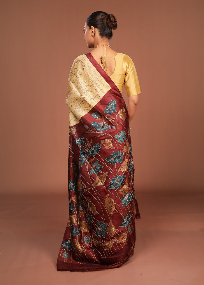 Maroon Handloom Tussar Pure Silk Saree With Blouse Piece