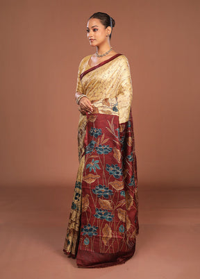 Maroon Handloom Tussar Pure Silk Saree With Blouse Piece