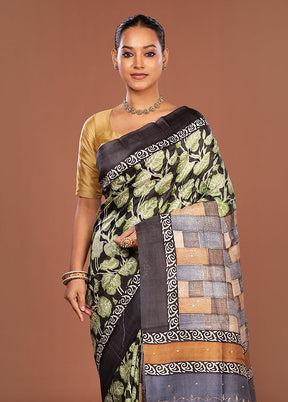 Black Handloom Tussar Pure Silk Saree With Blouse Piece