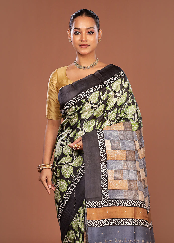 Black Handloom Tussar Pure Silk Saree With Blouse Piece