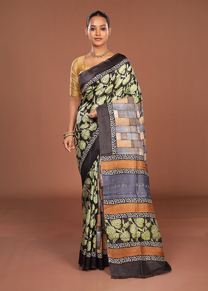 Black Handloom Tussar Pure Silk Saree With Blouse Piece
