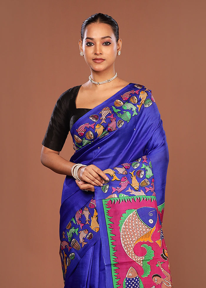 Blue Handloom Tussar Pure Silk Saree With Blouse Piece