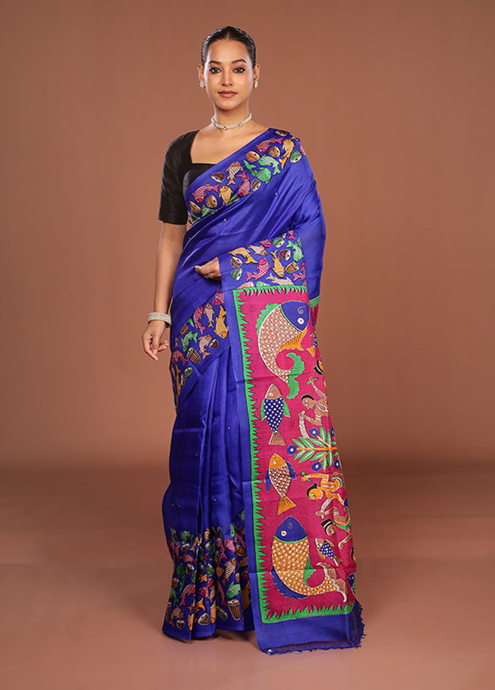Blue Handloom Tussar Pure Silk Saree With Blouse Piece