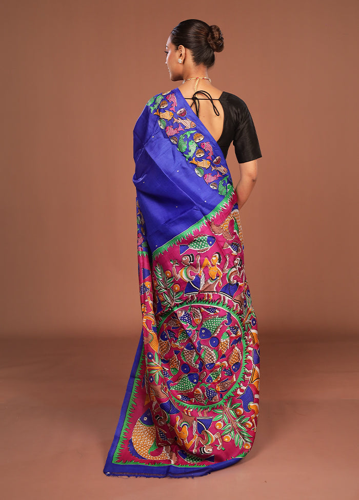 Blue Handloom Tussar Pure Silk Saree With Blouse Piece